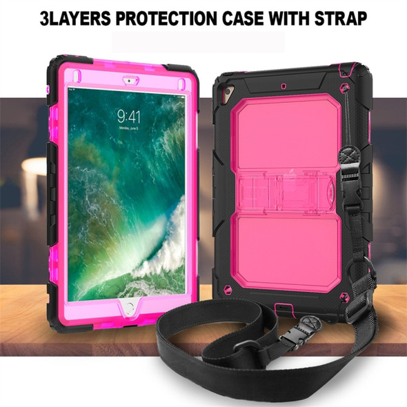 Shockproof Transparent PC + Silica Gel Protective Case for iPad 9.7 (2018), with Holder & Shoulder Strap (Rose Red)