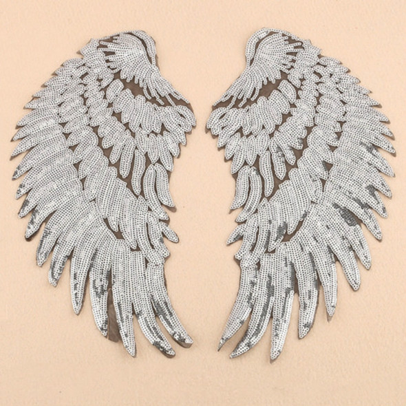 Silver A Pair Sequin Feather Wing Shape Clothing Patch Sticker DIY Clothing Accessories, Size:Small 20.5 x 10cm