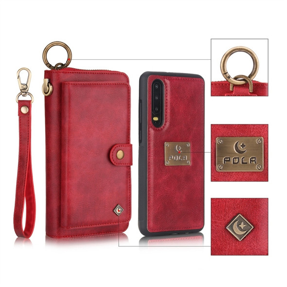 For Huawei P30 POLA Multi-function Fashion Zipper Magnetic Horizontal Flip Leather Case with Card Slots & Wallet & Photo Frame & Lanyard(Red)