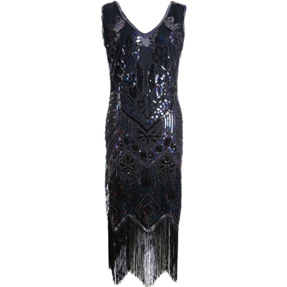 Women Beaded V-Neck Sleeveless Dress (Black_XXL)