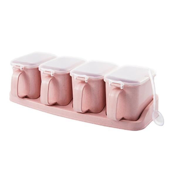 Wheat Straw Seasoning Box Pepper Spice Shaker Salt Seasoning Transparent PP Kitchen Cruet Condiment Bottle Jars Storage Box, Color:Four grid pink