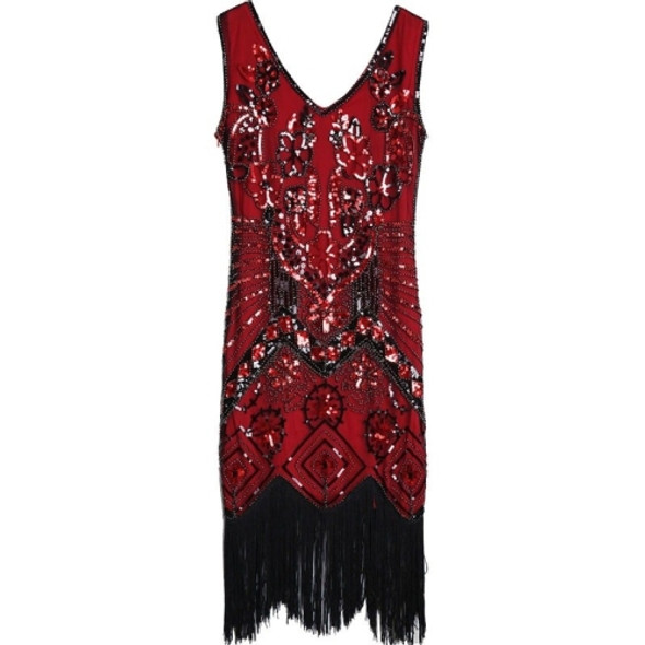 Women Beaded V-Neck Sleeveless Dress (Wine Red_S)