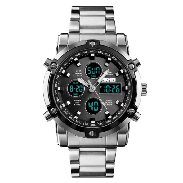 SKMEI 1389 Multifunctional Men Business Digital Watch 30m Waterproof Large Dial Wrist Watch with Stainless Steel Watchband (Silver+Black)