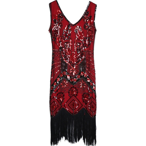 Women Beaded V-Neck Sleeveless Dress (Wine Red_XL)