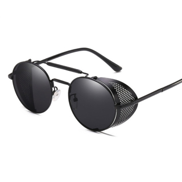 Retro Round Metal Sunglasses Unisex Design UV Protection Glasses(Black+Gray)