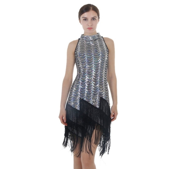 Women Tassel Adult Latin Dance Dress (Color:Silver Size:XL)