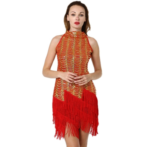 Women Tassel Adult Latin Dance Dress (Color:Red Gold Size:M)