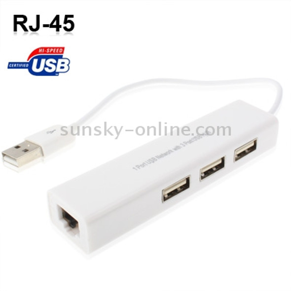 1 Port USB Network With 3 Port USB Hub To Female RJ45 Ethernet Lan Adapter Card(White)