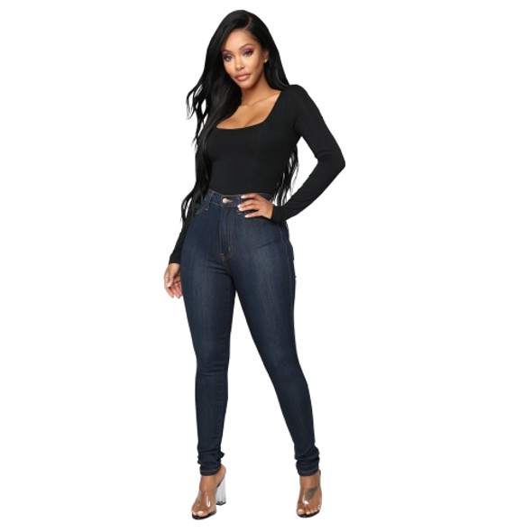 Women High-Rise Stretch Jeans (Dark Blue_L)