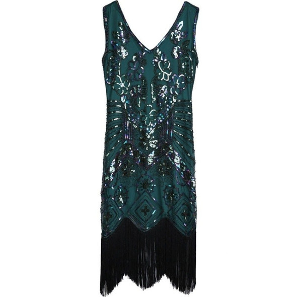 Women Beaded V-Neck Sleeveless Dress (Green_L)