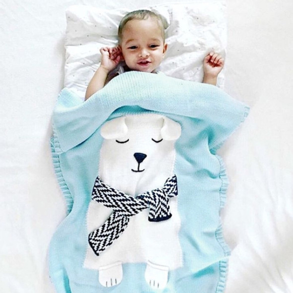 White Bear Pattern Stereoscopic Ears Baby Knitted Blanket(Baby Blue)