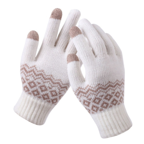 Winter Touch Screen Gloves Women Men Warm Stretch Knit Mittens Imitation Wool Thicken Full Finger Gloves(A-White)