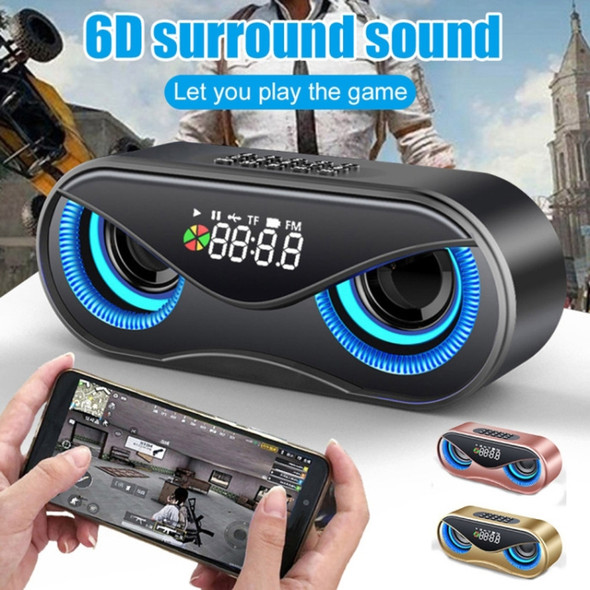 M6 Portable Bluetooth 5.0 Speaker Owl Alarm Clock Wireless 6D Surround Sound Stereo Speaker Support TF AUX FM Radio(Black)