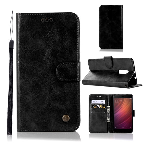 For Xiaomi Redmi Note 4 Retro Copper Button Crazy Horse Horizontal Flip PU Leather Case with Holder & Card Slots & Wallet & Lanyard(Black)