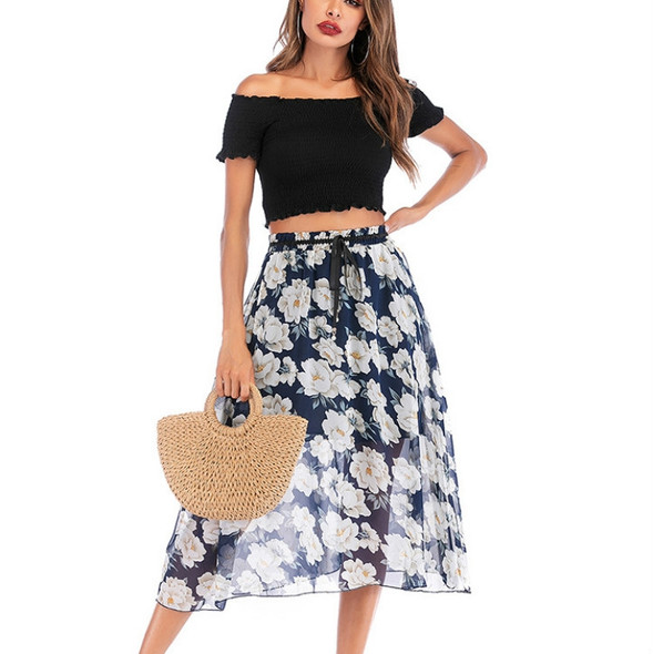 Beach Leisure Chiffon Floral Print High Waist Lace Skirt, Size: M(Blue Daisy )