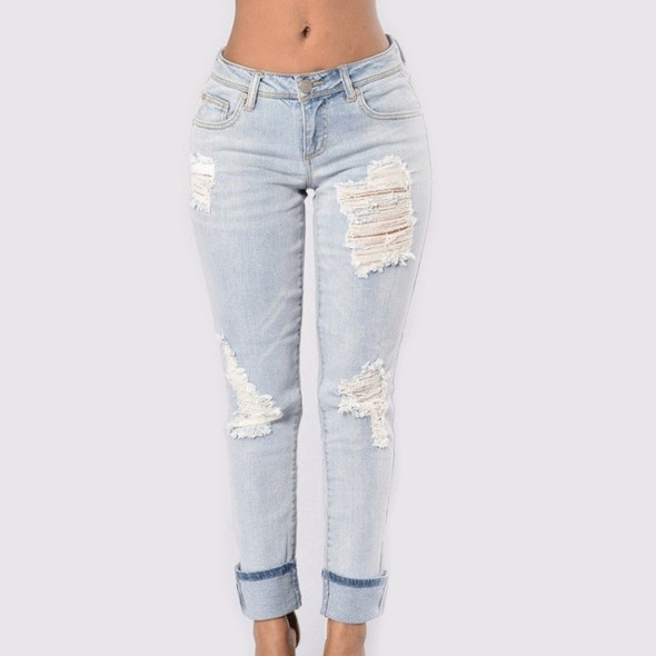 Women Denim Ripped Cropped Jeans(Color:Light Blue Size:S)