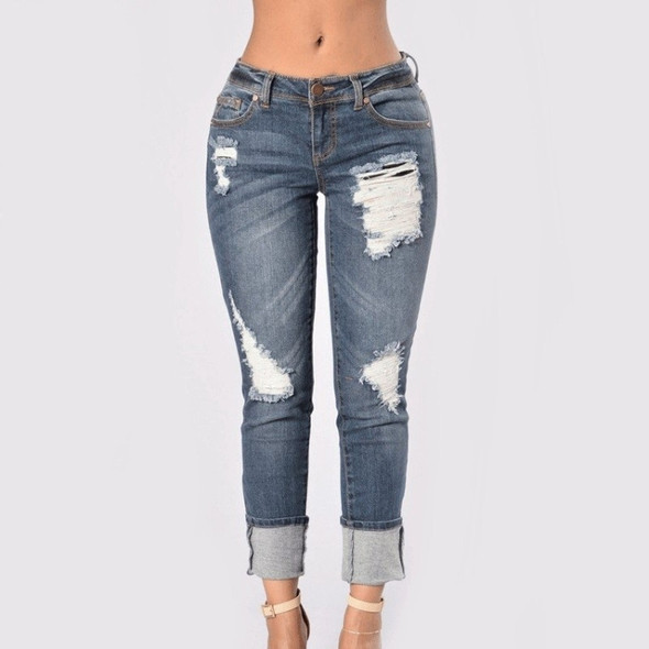 Women Denim Ripped Cropped Jeans (Color:Dark Blue Size:M)