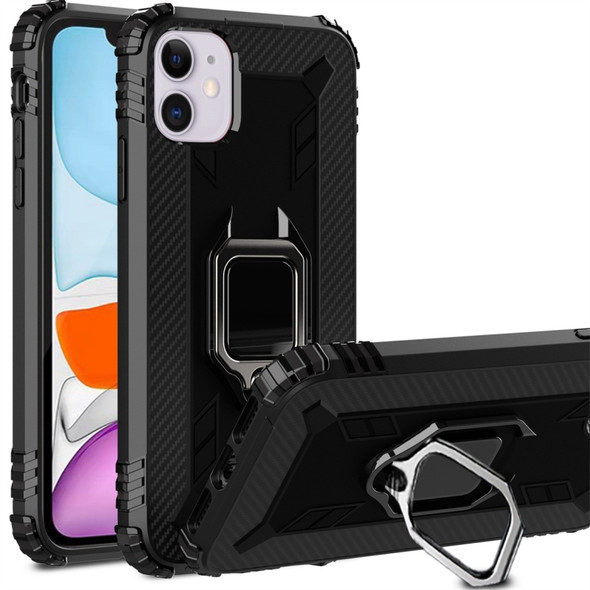 For iPhone 11 Carbon Fiber Protective Case with 360 Degree Rotating Ring Holder(Black)