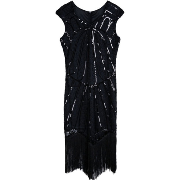 Women Tassel Sequined Round Neck Short Sleeve Gown (Black_XXL)