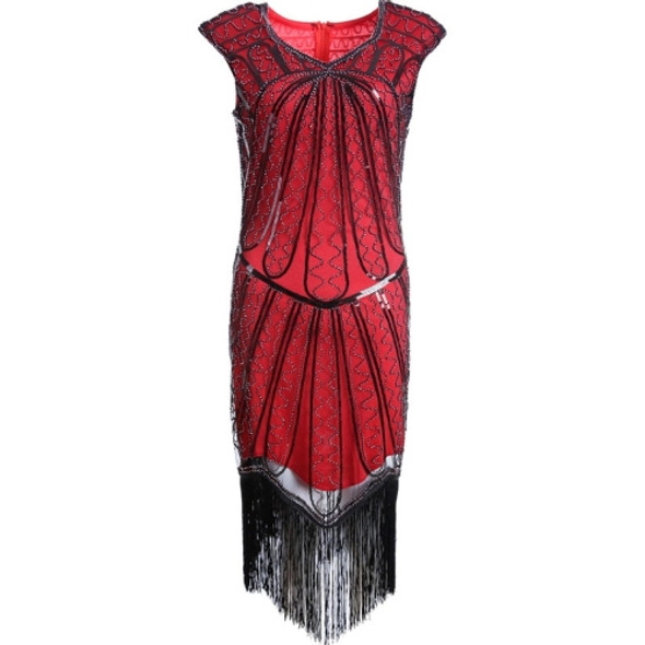 Women Tassel Sequined Round Neck Short Sleeve Gown (Wine Red_S)