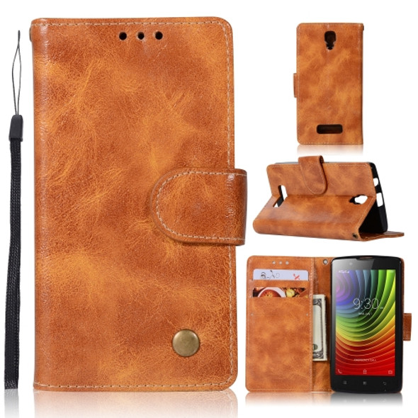 For Lenovo A2010 Retro Copper Button Crazy Horse Horizontal Flip PU Leather Case with Holder & Card Slots & Wallet & Lanyard(Gold Yellow)