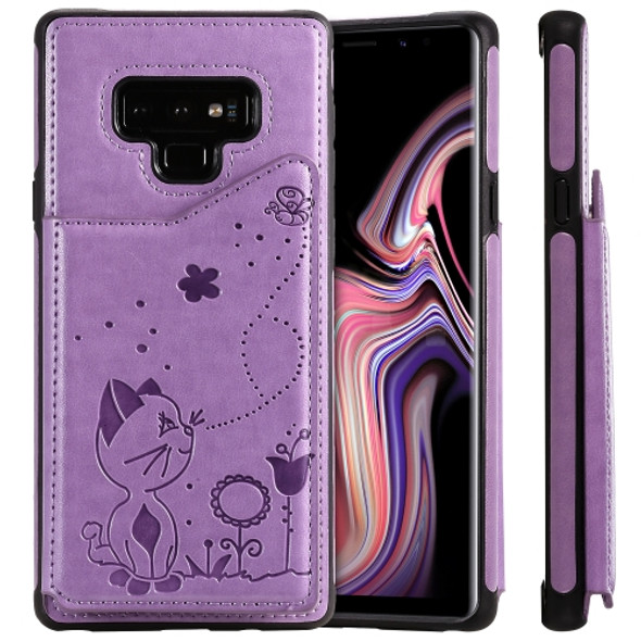 For Galaxy Note9 Cat Bee Embossing Pattern Shockproof Protective Case with Card Slots & Photo Frame(Purple)