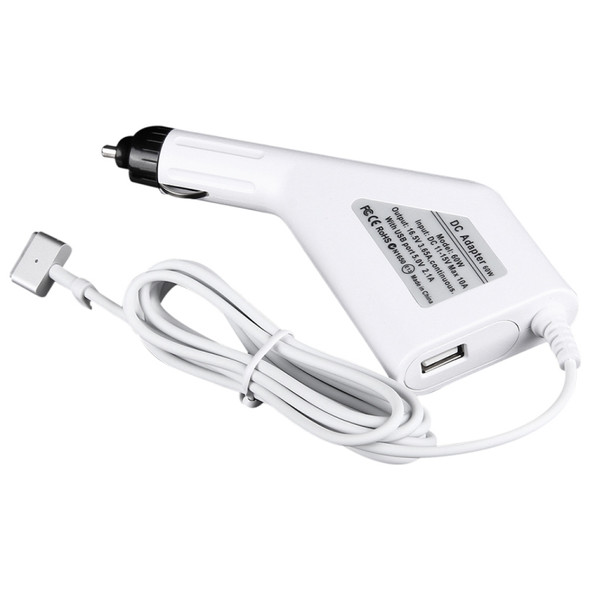 60W 16.5V 3.65A 5 Pin T Style MagSafe 2 Car Charger with 1 USB Port for Apple Macbook A1465 / A1502 / A1435 / MD212 / MD2123 / MD662, Length: 1.7m (White)