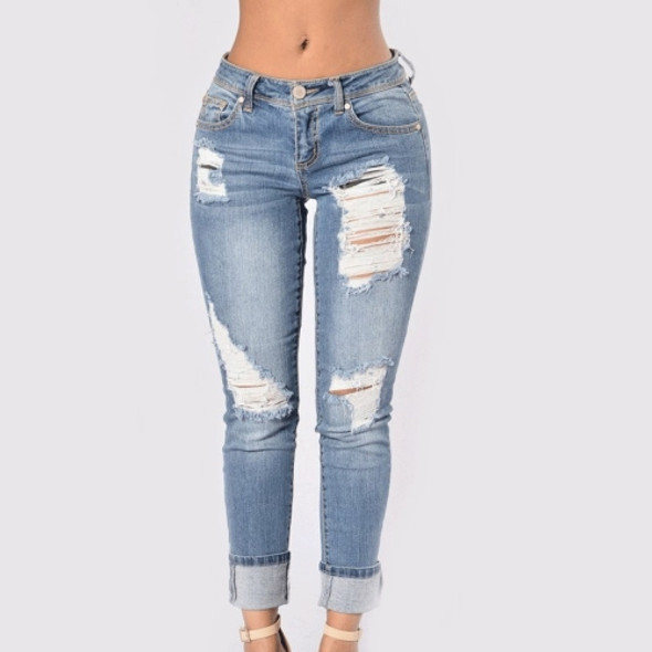 Women Denim Ripped Cropped Jeans (Color:Blue Size:S)