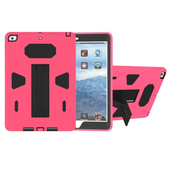 For iPad 9.7 (2018) & iPad 9.7 (2017) PC+Silicone Shockproof Protective Back Cover Case With Holder (Black + Magenta)