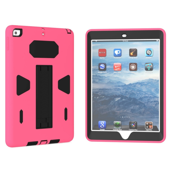 For iPad 9.7 (2018) & iPad 9.7 (2017) PC+Silicone Shockproof Protective Back Cover Case With Holder (Black + Magenta)