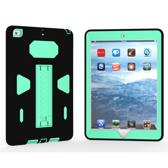 For iPad 9.7 (2018) & iPad 9.7 (2017) PC+Silicone Shockproof Protective Back Cover Case With Holder (Green + Black)