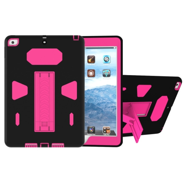 For iPad 9.7 (2018) & iPad 9.7 (2017) PC+Silicone Shockproof Protective Back Cover Case With Holder (Magenta + Black)