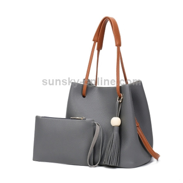New Model Fashion Lychee Grain Tote Bag Handbag Bucket Bag Shoulder Bag Two-Piece Set(Dark Gray)
