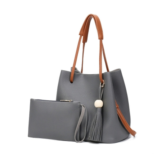 New Model Fashion Lychee Grain Tote Bag Handbag Bucket Bag Shoulder Bag Two-Piece Set(Dark Gray)