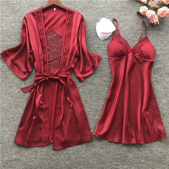 Women Robe & Gown Sets Sexy Lace Lounge Pijama Long Sleeve Ladies Nightwear Bathrobe Night Dress with Chest Pads, Size:L(Red)