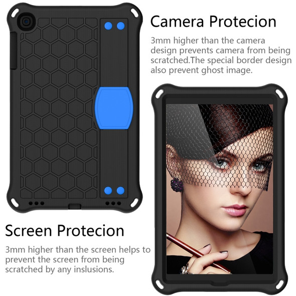For iPad mini 5 / 4 / 3 / 2 /1 Honeycomb Design EVA + PC Four Corner Anti Falling Flat Protective Shell With Straps(Black+Blue)