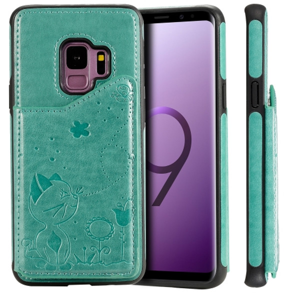 For Galaxy S9 Cat Bee Embossing Pattern Shockproof Protective Case with Card Slots & Photo Frame(Green)