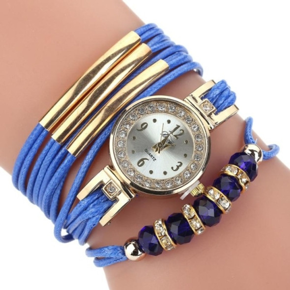 Leather Belt Rhinestone Circle Bracelet Quartz Watch for Women(Blue)