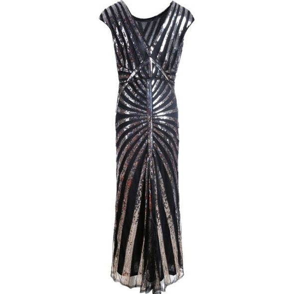 Women Beaded Long Fishtail Dress (Black Silver_L)