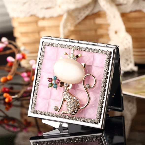 Mini Portable Folding Makeup Mirror Opal Fox With Diamonds(Pink)