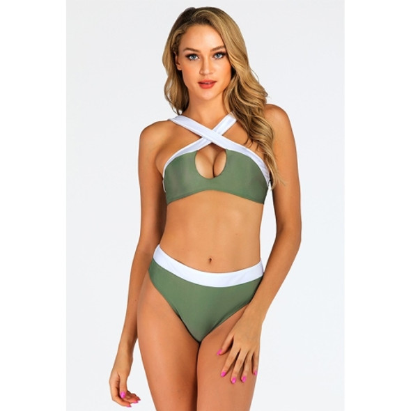 Sexy Color-block Double-sided Cross Split Bikini Swimsuit (Color:Army Green Size:L)