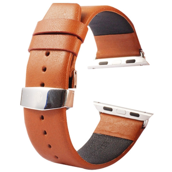 Kakapi for Apple Watch 42mm Subtle Texture Double Buckle Genuine Leather Watchband with Connector(Brown)