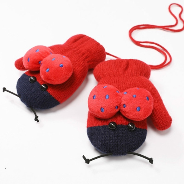 Winter Cute Ladybug Shape Plus Velvet Warm Mittens Hanging Neck Gloves Children Gloves Red Wine