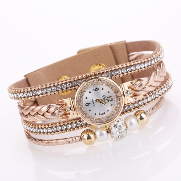 Duoya D249 Woven Twisted Pearls Round Analog Quartz Wrist Bracelet Watch for Ladies(Beige)