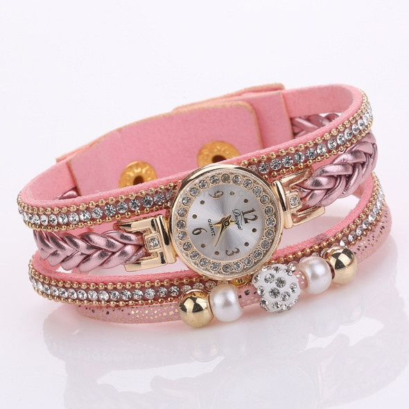 Duoya D249 Woven Twisted Pearls Round Analog Quartz Wrist Bracelet Watch for Ladies(Pink)