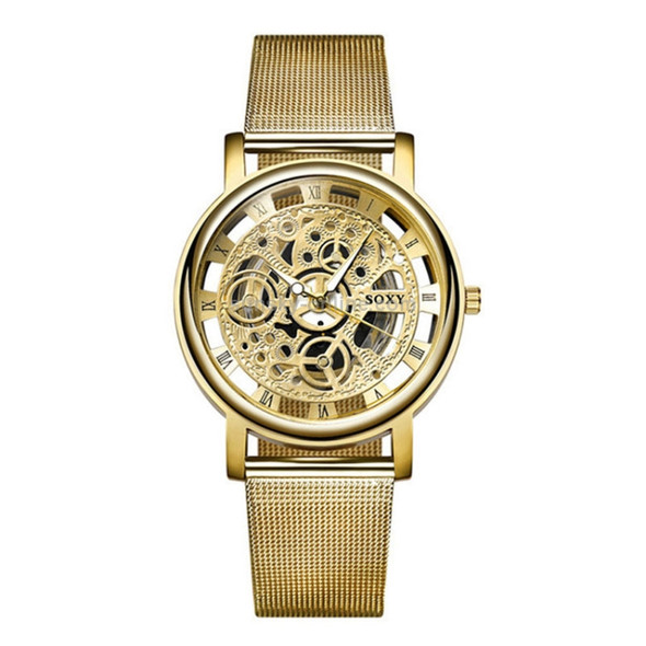 SOXY Fashion Business Skeleton Watch Men Engraving Hollow Quartz Wristwatch Stainless Steel Band Clock(gold)