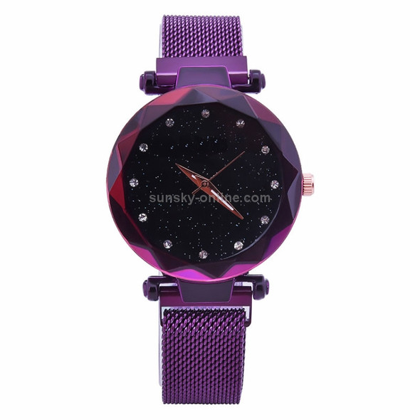 Luxury Mesh Ladies Clock Magnet Buckle Starry Diamond Geometric Quartz Wristwatch Women Watches(Purple)