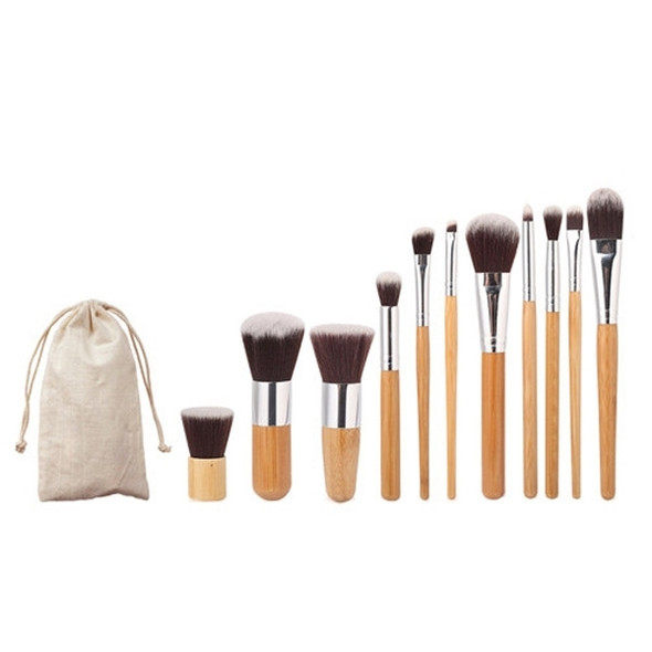 11 PCS Nylon Hair Bamboo Handle Makeup Brush Set with Pouch