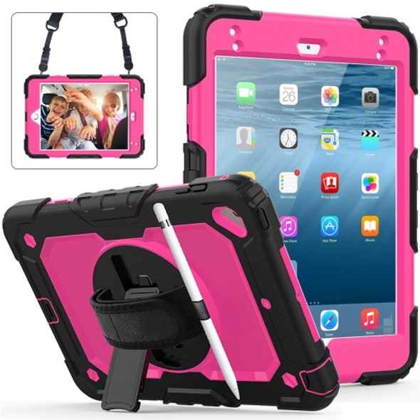 Shockproof Black Silica Gel + Colorful PC Protective Case for iPad Mini 2019 / Mini 4, with Holder & Shoulder Strap & Hand Strap & Pen Slot (Rose Red)
