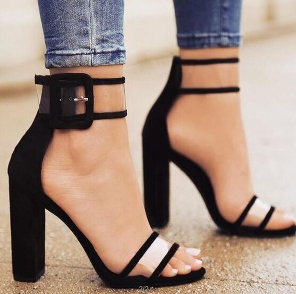 Thick Heeled Serpentine High Heel Sandals, Color:40(Black)